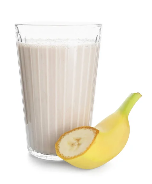 Glass Tasty Banana Smoothie White Background — Stock Photo, Image