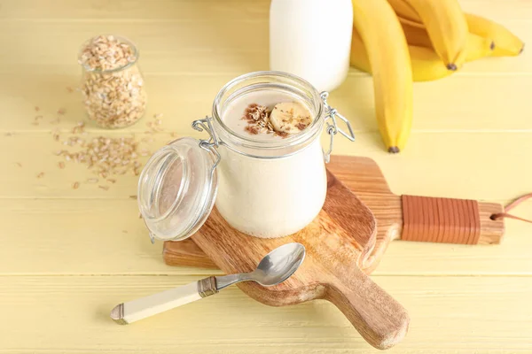 Jar Tasty Banana Smoothie Table — Stock Photo, Image