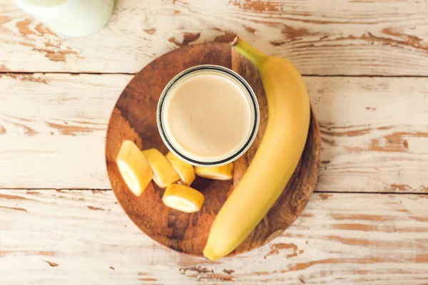 Glass Tasty Banana Smoothie Table — Stock Photo, Image