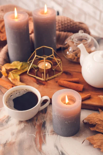 Beautiful Aroma Candles Autumn Leaves Coffee Table — Stock Photo, Image