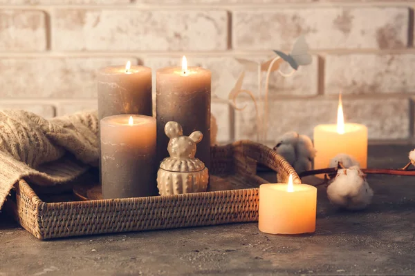Tray Beautiful Aroma Candles Table — Stock Photo, Image