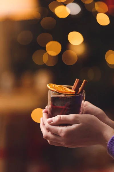 Woman Tasty Mulled Wine Home Christmas Eve — Stock Photo, Image
