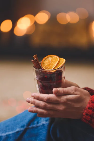 Woman Tasty Mulled Wine Home Christmas Eve — Stock Photo, Image