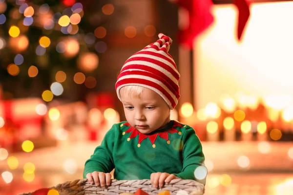 Cute Little Baby Elf Costume Decor Basket Home Christmas Eve — Stock Photo, Image
