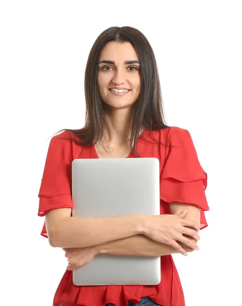 Young Woman Laptop White Background — Stock Photo, Image