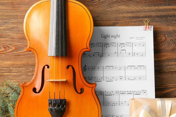 Violon Avec Notes Musique Sur Fond Bois — Photo