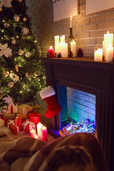 Fireplace Decorated Christmas Interior Living Room — Stock Photo, Image