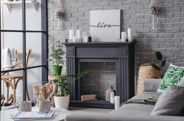 Interior Modern Living Room Fireplace — Stock Photo, Image