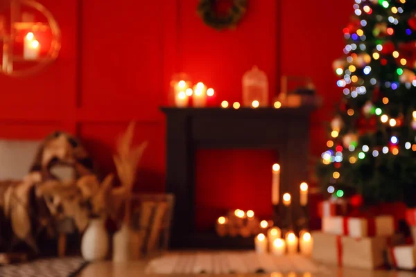 Interior Sala Estar Decorada Para Navidad Vista Borrosa —  Fotos de Stock