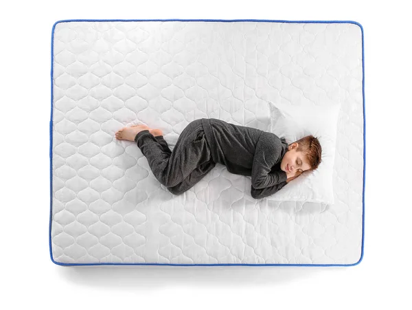 Cute Little Boy Sleeping Mattress White Background Top View — Stock Photo, Image