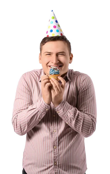 Jongeman Met Verjaardag Cupcake Witte Achtergrond — Stockfoto