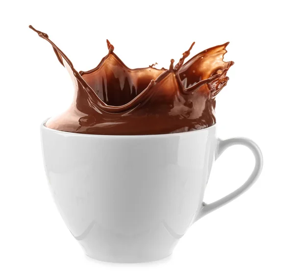 Copa Con Salpicadura Chocolate Caliente Sobre Fondo Blanco — Foto de Stock