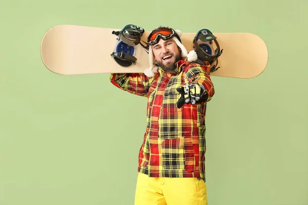Muž Snowboardista Barevném Pozadí — Stock fotografie