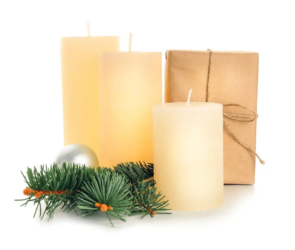 Beautiful Christmas Composition Aroma Candles White Background Stock Photo