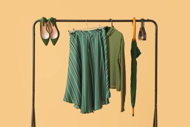 Renk arkaplanında giysi ve aksesuarlarla dizin