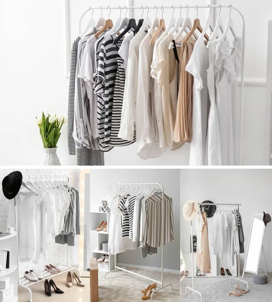 Collage Trendy Clothes Dressing Rooms Concept Stylist — Stock Photo, Image