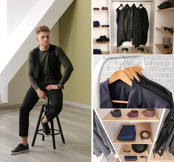 Collage Photos Fashionable Young Man Trendy Clothes Concept Stylist — Stock Photo, Image