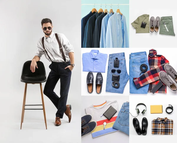 Collage Photos Fashionable Young Man Trendy Clothes Concept Stylist — Stock Photo, Image