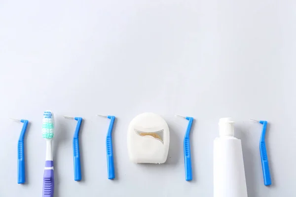 Toothbrushes Dental Braces Floss Paste White Background — Stock Photo, Image