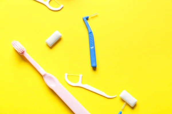 Toothbrushes Dental Braces Floss Color Background — Stock Photo, Image