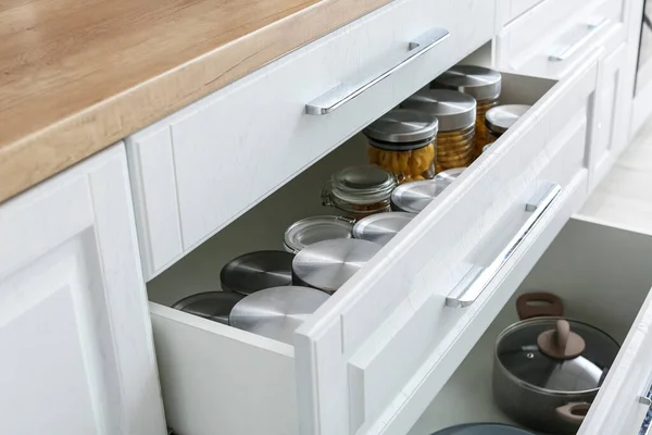 Glass Jars Products Utensils Kitchen Drawer — Stock Photo, Image