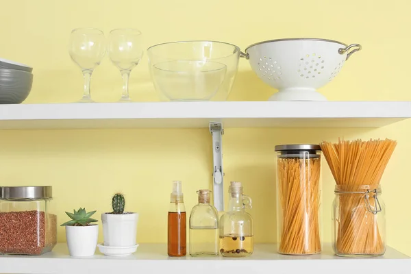 Set Utensils Glass Jars Products Kitchen Shelves — Stock Photo, Image