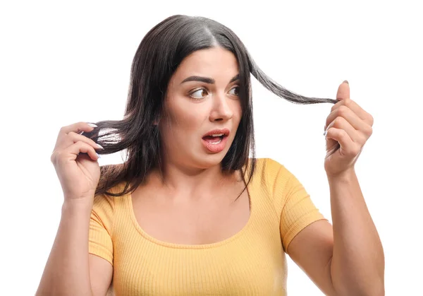 Femme Stressée Avec Les Cheveux Gris Sur Fond Blanc — Photo