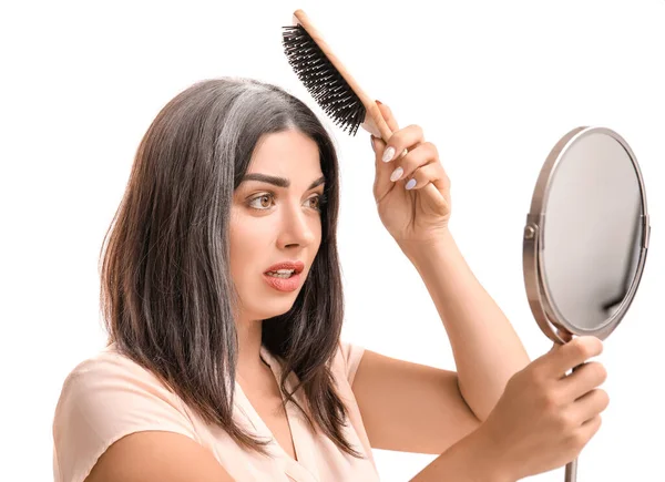 Stressed Woman Graying Hair Looking Mirror White Background — Stock Photo, Image