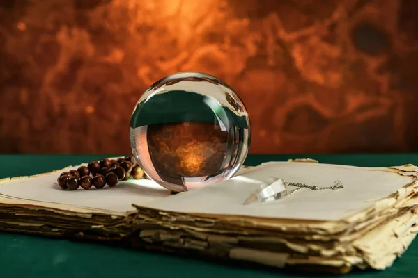 Spell Book Crystal Ball Pendulum Beads Table — Stok fotoğraf