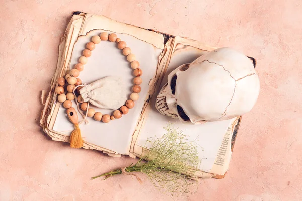 Spell Book Human Skull Beads Color Background — Stok fotoğraf