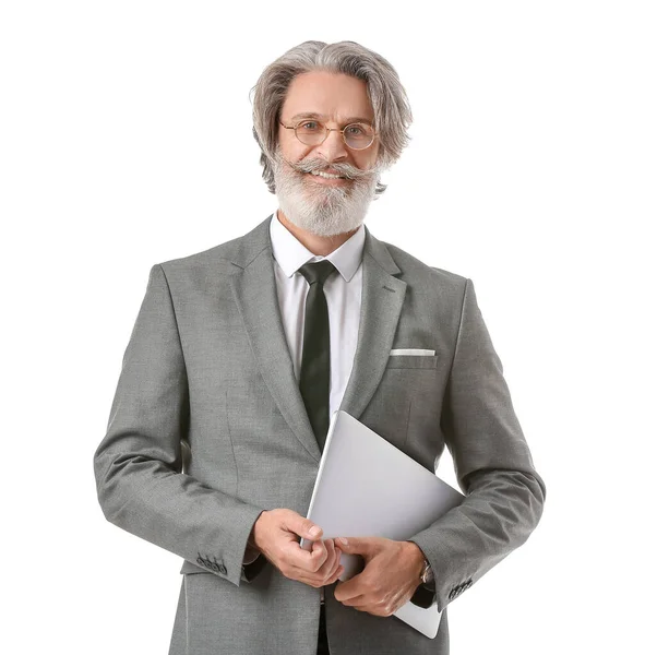 Porträtt Senior Affärsman Med Bärbar Dator Vit Bakgrund — Stockfoto