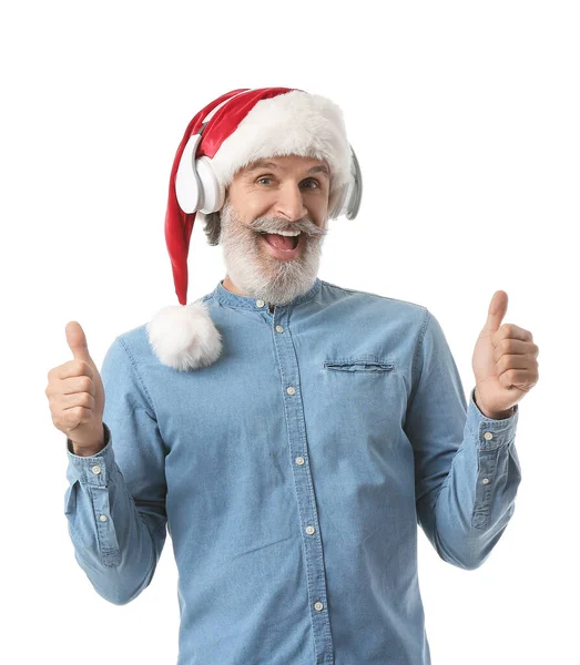 Senior Man Luisteren Naar Kerstmuziek Witte Achtergrond — Stockfoto