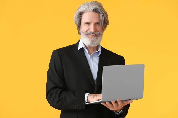 Portrait Senior Businessman Laptop Color Background — Stock Photo, Image