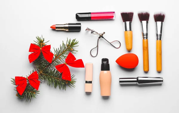 Christmas Composition Cosmetics White Background — Stock Photo, Image