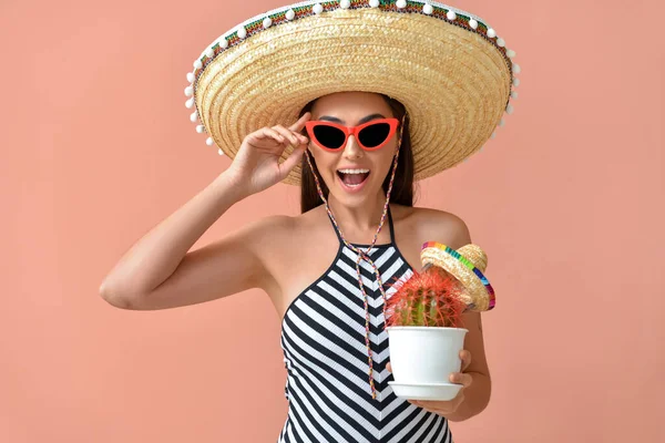 Beautiful Young Woman Swimsuit Sombrero Hat Holding Cactus Color Background — Stock Photo, Image