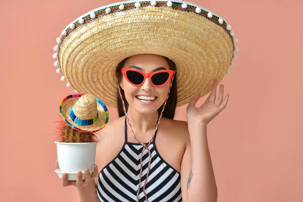 Beautiful Young Woman Swimsuit Sombrero Hat Holding Cactus Color Background — Stock Photo, Image
