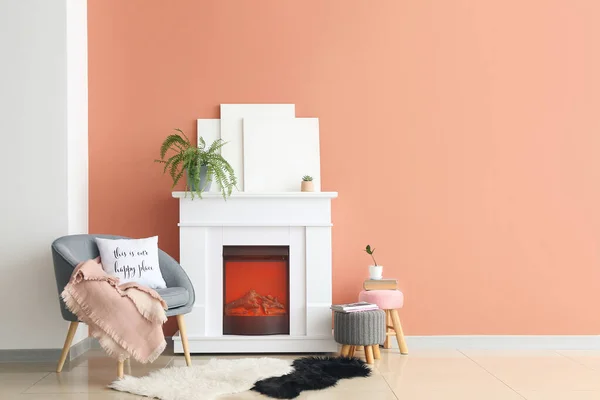 Fireplace Pouffes Armchair Interior Room — Stock Photo, Image