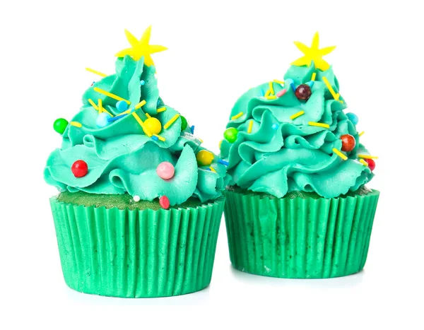 Tasty Christmas Cupcakes White Background — Stock Photo, Image