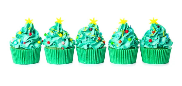 Tasty Christmas Cupcakes White Background — Stock Photo, Image
