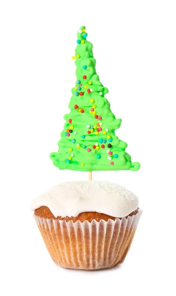 Tasty Christmas Cupcake White Background — Stock Photo, Image