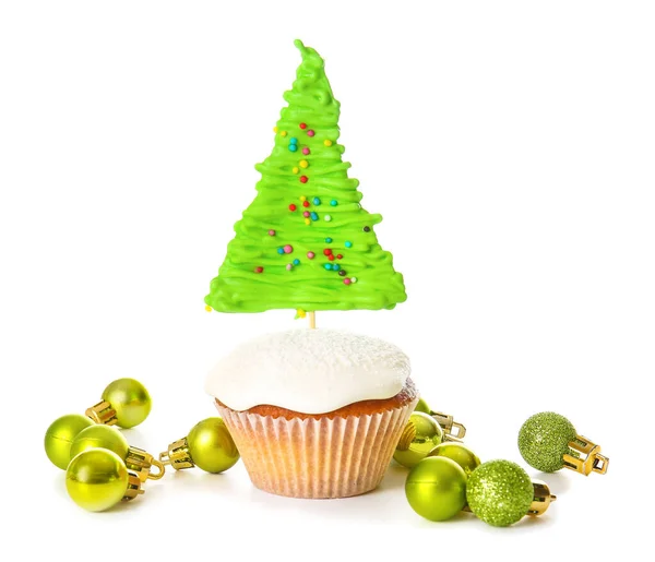 Tasty Christmas Cupcake White Background — Stock Photo, Image