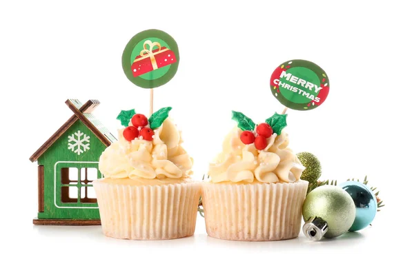 Tasty Christmas Cupcakes Decor White Background — Stock Photo, Image