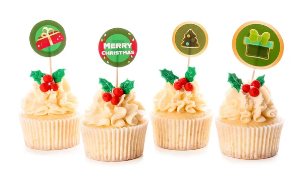 Tasty Christmas Cupcakes White Background — Stock Photo, Image