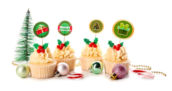 Tasty Christmas Cupcakes Decor White Background — Stock Photo, Image