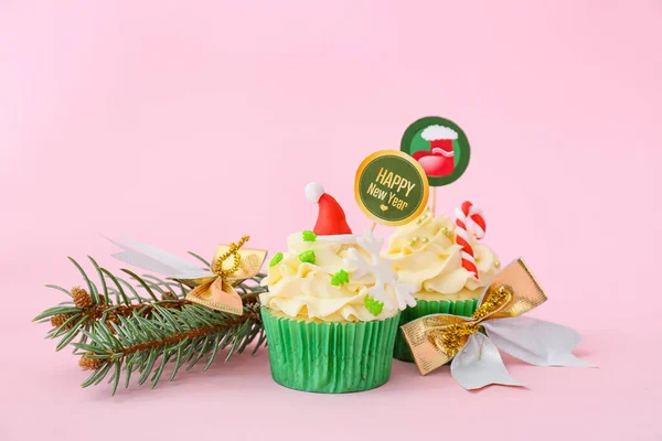 Tasty Christmas Cupcakes Decor Color Background — Stock Photo, Image