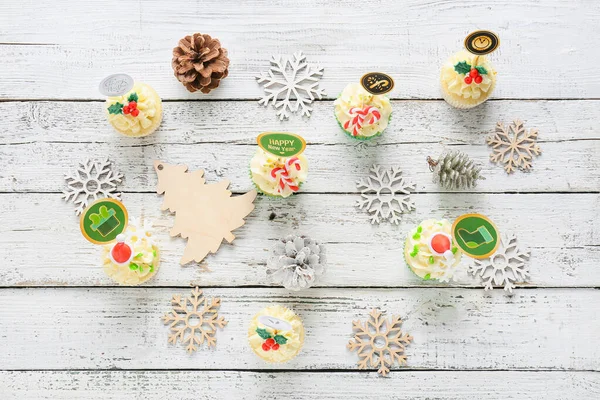 Composition Tasty Christmas Cupcakes Wooden Background — Stock Photo, Image