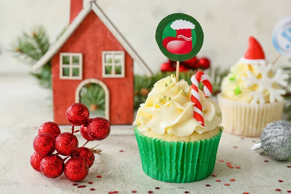 Composition Tasty Christmas Cupcakes Table — Stock Photo, Image