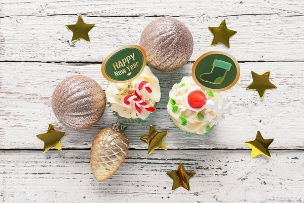 Tasty Christmas Cupcakes Wooden Background — Stock Photo, Image