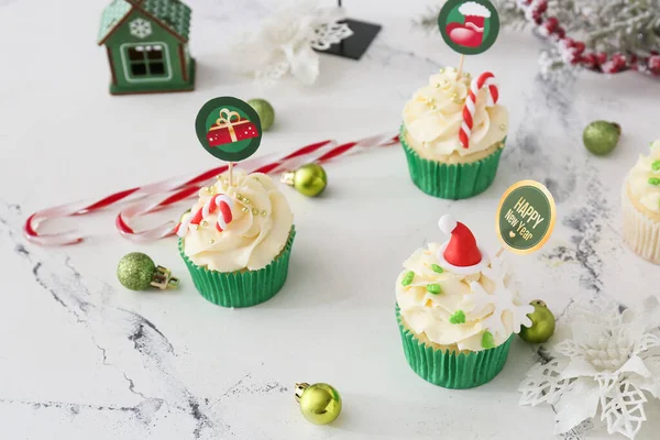 Composition Tasty Christmas Cupcakes Table — Stock Photo, Image