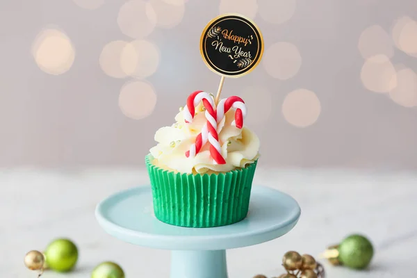 Dessert Stand Tasty Christmas Cupcake Blurred Background — Stock Photo, Image